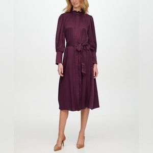 Calvin Klein Midi Satin Silk Long Sleeve Purple Dress Classic Women’s Dress